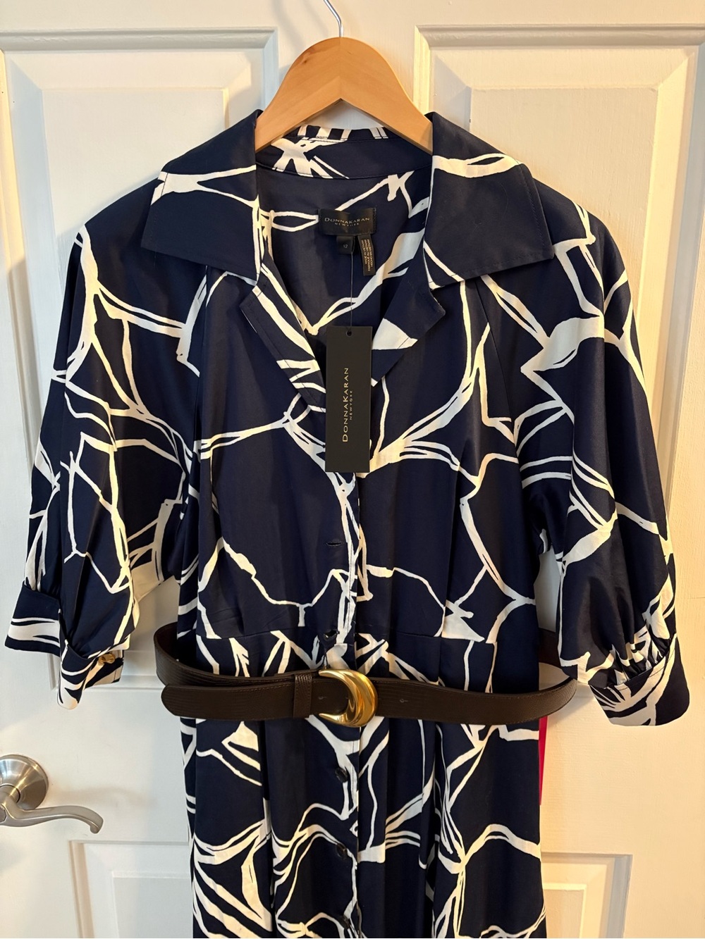 Donna Karan Navy & White Abstract Print Midi Dress with Belt